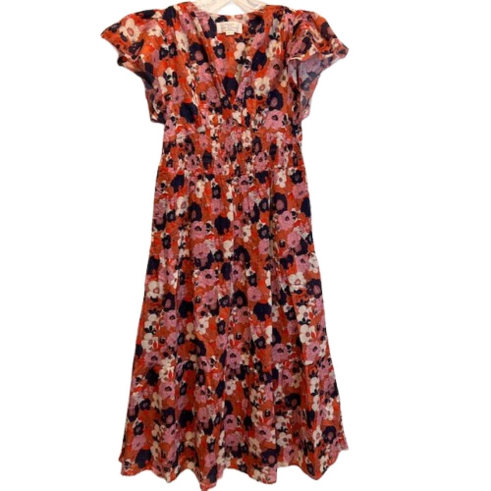 Trovata Birds of Paradis Floral Smocked Tiered Maxi Dress Med Cottagecore Boho